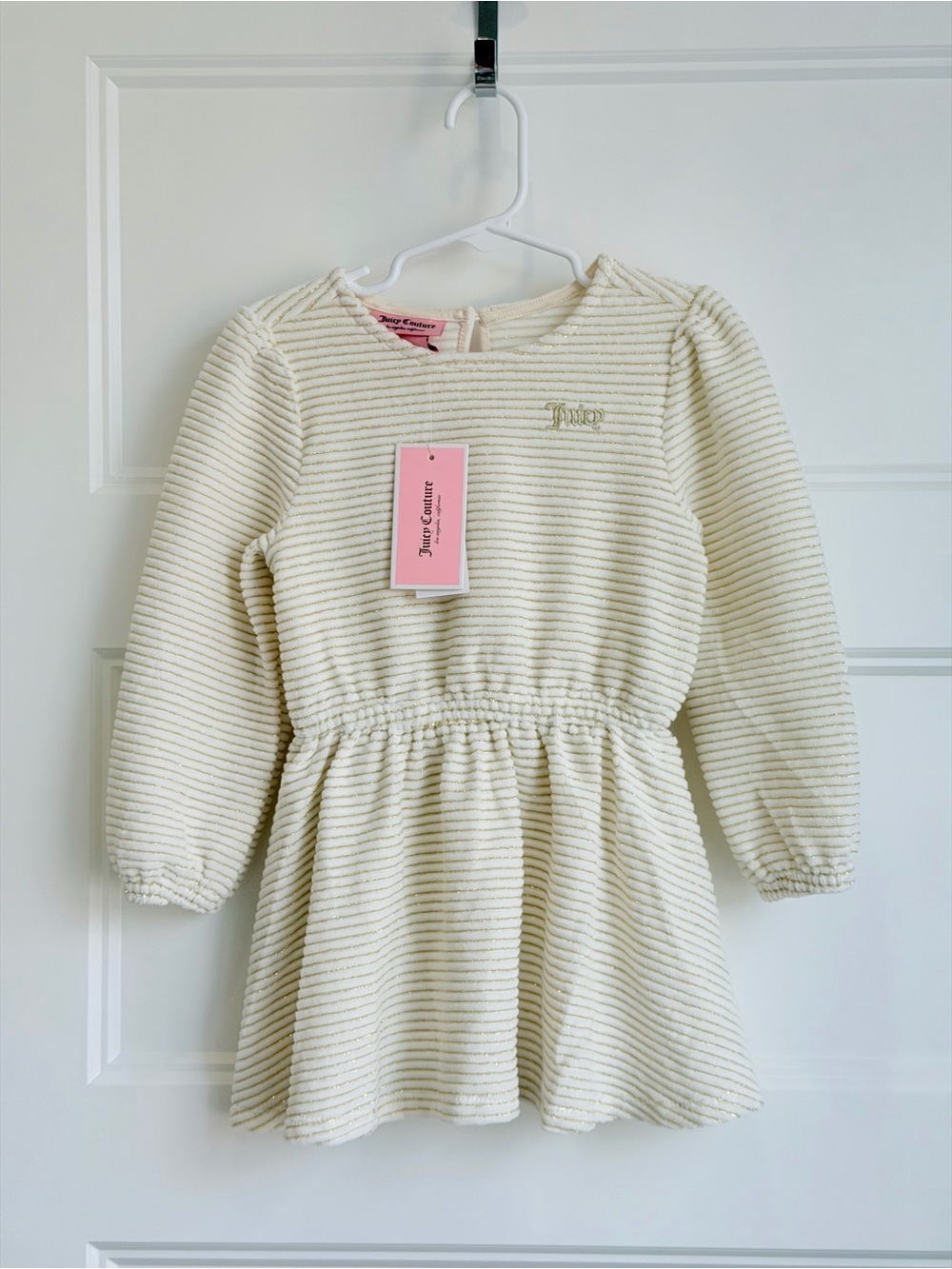 Juicy Couture Cream Textured Ribbed Long-Sleeve Girls Dress